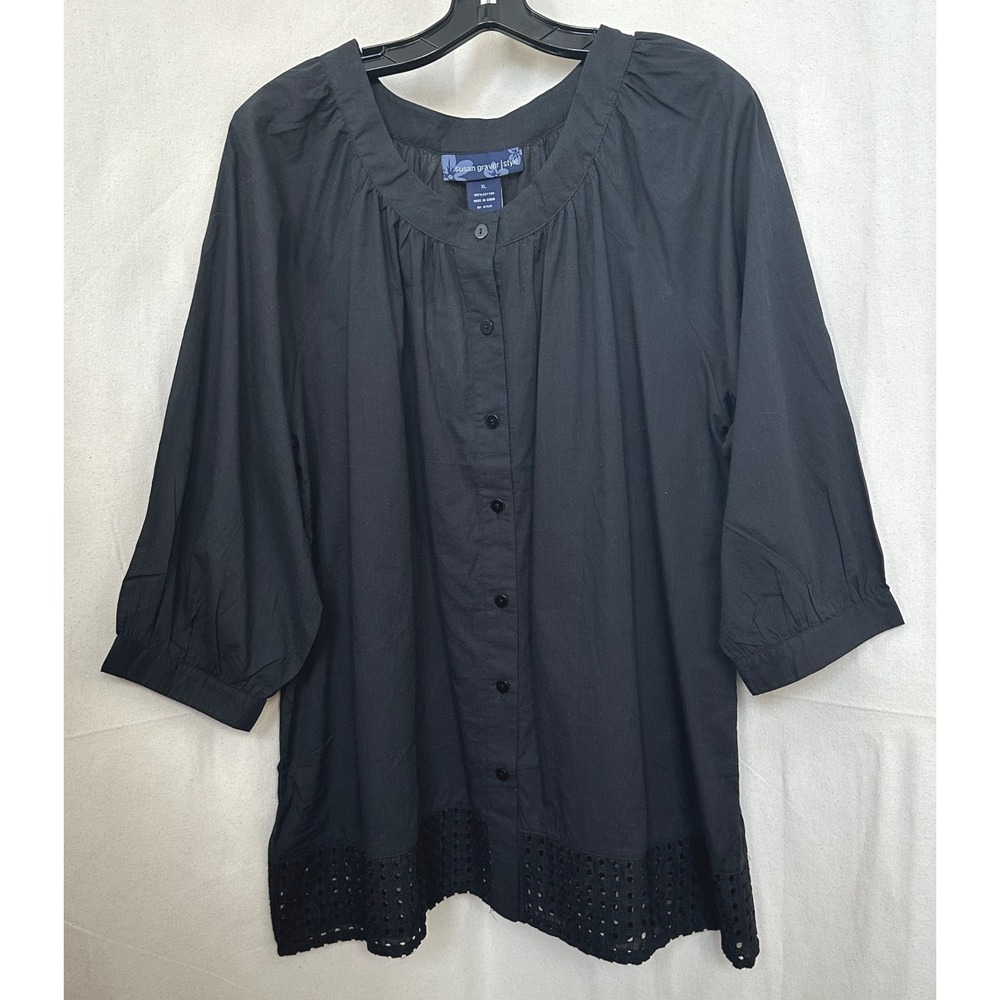 Susan Graver Style Dark Cottagecore Boho Cotton Eyelet Tunic XL 3/4 Sleeve‎ NWT